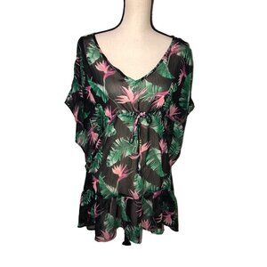 Miken Swim XS Tropical Cover-Up Floral Black Sheer Beach Pool Vacation Palm